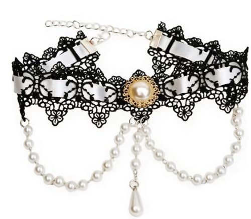 Black Lace Choker Necklace Vintage Pearl Necklaces Gothic Victorian Lolita Costume Necklaces for Women White Lace Choker for Bridal Wedding - color: multicolour