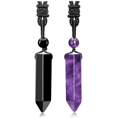 Top Plaza Healing Crystal Stone Necklaces for Men Hexagonal Pendant Necklaces Adjustable Braided Rope Natural Gemstone Necklace Jewelry Christmas Gift for Dad, Husband - color: 2pcs-Amethyst+Black Obsidian