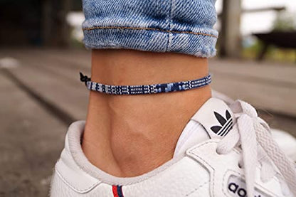 Made by Nami Surfer Anklet for Men and Women Waterproof and Adjustable Surfer Ankle Bracelet String Ankle Bracelet Beach Accessory for Ethnic Hippie Style - color: Blue-White