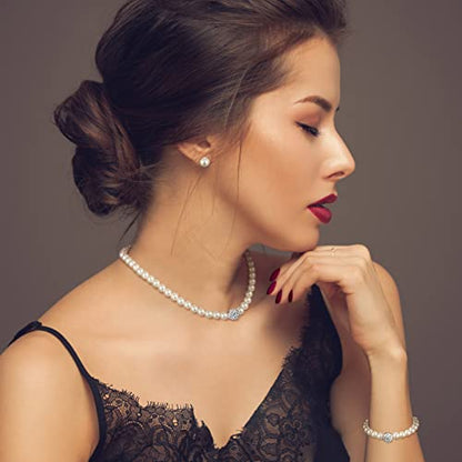 Glenmal Pearl Rhinestone Jewelry Set for Women Pearl Necklace Bracelet Earrings for Wedding Halloween Bridal Shower Tea Party - style: Elegant Style