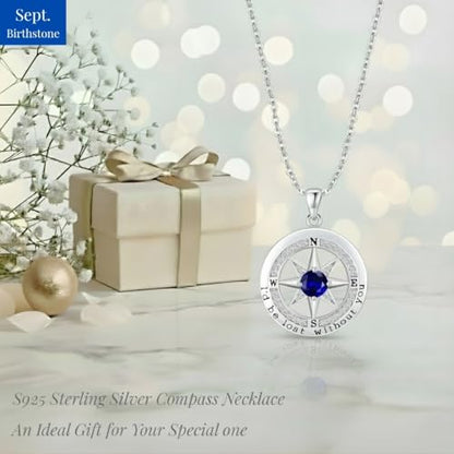 Compass Necklace for Women Wife Girlfriend Mom Daughter Gifts | S925 Silver Jewelry For Anniversary 18K Rose Gold Gifts For Birthday Christmas Mothers Valentines Day 12 Birthstones - style: 09-September-Silver