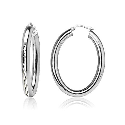 Hoops & Loops 925 Sterling Silver 4.5mm Thick Oval Diamond-Cut Hoop Earrings, 25mm 30mm, Silver, Yellow Gold, Rose Gold & Black - color: Silver 30mm-1.2''
