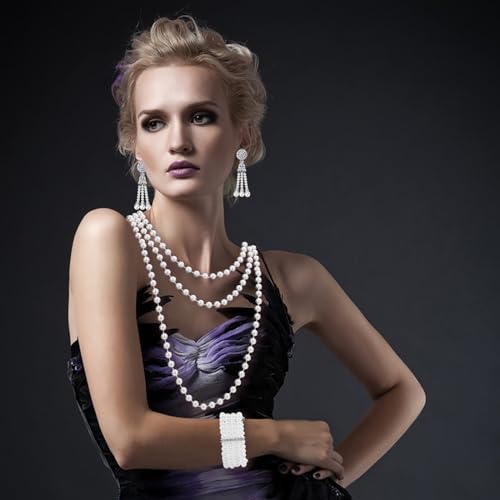 1920s Pearl Jewelry Set - Long Pearl Necklace, Earring Set, Multilayer Bracelet - Flapper Accessories for Women - color: Noble
