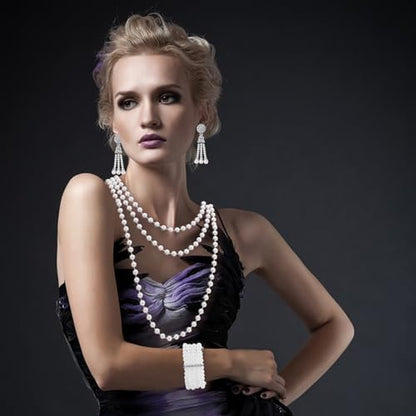 1920s Pearl Jewelry Set - Long Pearl Necklace, Earring Set, Multilayer Bracelet - Flapper Accessories for Women - color: Noble