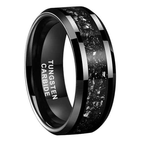 TUTISS 6mm 8mm Silver/Black Tungsten Rings for Men Women Meteorite Shavings Inlay Promise Engagement Wedding Bands Beveled Edges Polished Shiny Comfort Fit