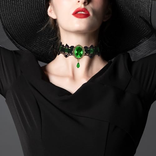 AILUOR Punk Rock Wedding Party Handmade Black Lace Choker, Gothic Retro Lolita Beads Chain Vampire Pendant Necklace for Women Halloween - color: Green