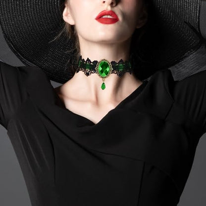 AILUOR Punk Rock Wedding Party Handmade Black Lace Choker, Gothic Retro Lolita Beads Chain Vampire Pendant Necklace for Women Halloween - color: Green