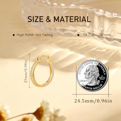 14K Gold Hoop Earrings for Women Thick Large Earrings Lightweight | Gold Plated Huggie Earrings for Women Hypoallergenic (with Gift Box) - color: CZ -25MM