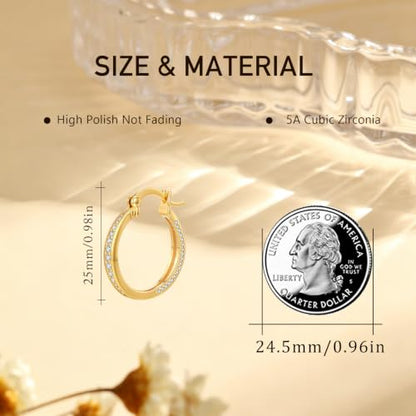14K Gold Hoop Earrings for Women Thick Large Earrings Lightweight | Gold Plated Huggie Earrings for Women Hypoallergenic (with Gift Box) - color: CZ -25MM