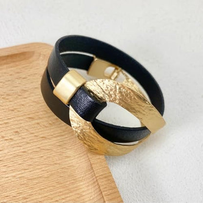 Bracelets for Women Leather Bracelet Multi-Layer Rope Wrap Bangle 14k Gold Plated Cirle Hollow Tube Boho Cuff Bangle Bracelets for Women Gift - style: Loop-Double Wrap(gold)