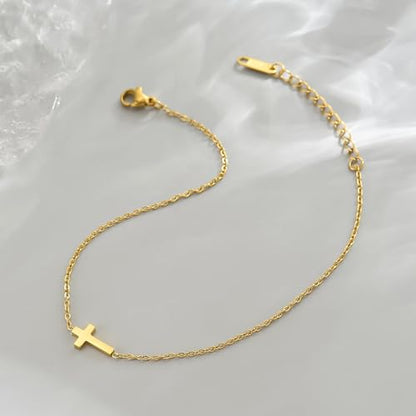 NONAMOIS Ankle Bracelets for Women Dainty 18K Gold Plated Anklet | Stainless Steel Waterproof Satellite Beaded Pearl Star Cross Chain Anklets Non Tarnish Summer Beach Foot Jewelry Gifts - color: Tiny Cross-Gold