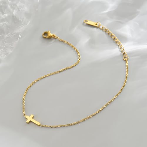 NONAMOIS Ankle Bracelets for Women Dainty 18K Gold Plated Anklet Waterproof Round Beaded Paperclip Herringbone Pearl Chain Anklets Waterproof Beach Foot Jewelry - color: Tiny Cross-Gold