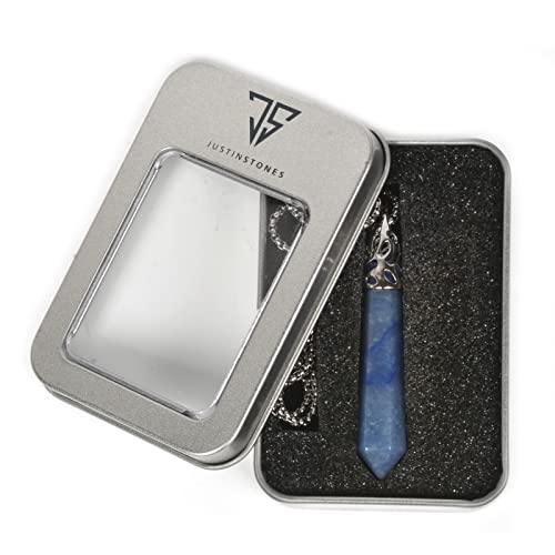 Justinstones Hexagonal Pointed Reiki Chakra Pendant Stainless Steel Chain Necklace 20 Inch Iron Gift Box - color: Blue Aventurine