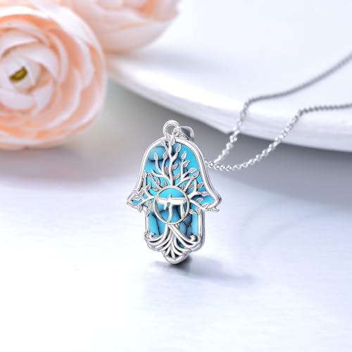 Hamsa Necklace 925 Sterling Silver Evil Eye/Lotus Flower/Star of David/Chai/Yin Yang Hamsa Hand Pendant Jewelry Hand of Fatima Gifts for Women - style: Chai-Turquoise