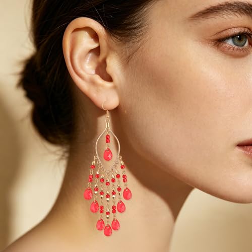 Boho Chandelier Earrings, Beaded Tasse Dangle Earring for Women, Red, Black, Blue, White, Colorful Long Earrings - color: Red