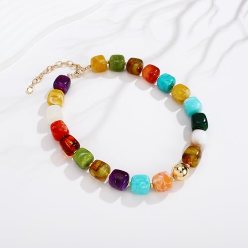Chunky Beaded Necklace for Women Boho Statement Bead Necklace Adjustable Choker with Polished Disc/Square Beads Trendy Summer Beach Jewelry Gifts - color: Multicolor