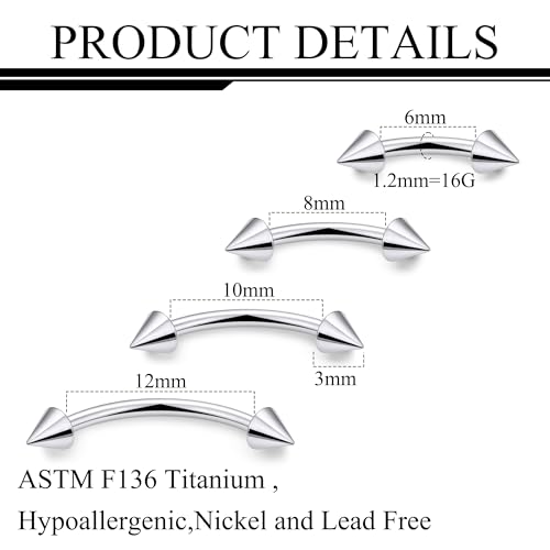 20g 18g 16g 14g Rook Piercing Jewelry Titanium Externally Threaded Curved Barbell Eyebrow Tragus Helix Conch Lobe Labret Earrings Lip Rings Body Piercing Jewelry For Women Men Ball Spike 6mm-19mm - size: 16G - 6/8/10/12mm Spike