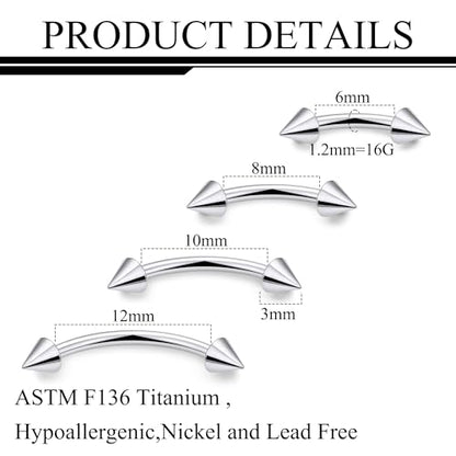 20g 18g 16g 14g Rook Piercing Jewelry Titanium Externally Threaded Curved Barbell Eyebrow Tragus Helix Conch Lobe Labret Earrings Lip Rings Body Piercing Jewelry For Women Men Ball Spike 6mm-19mm - size: 16G - 6/8/10/12mm Spike