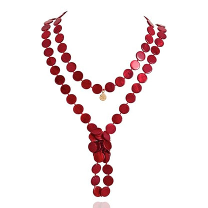Firstmeet Flat Round Coin Shell Beads Long Knotted Necklace Natural Mother of Pearl Handmade Jewelry For Women - color: Red