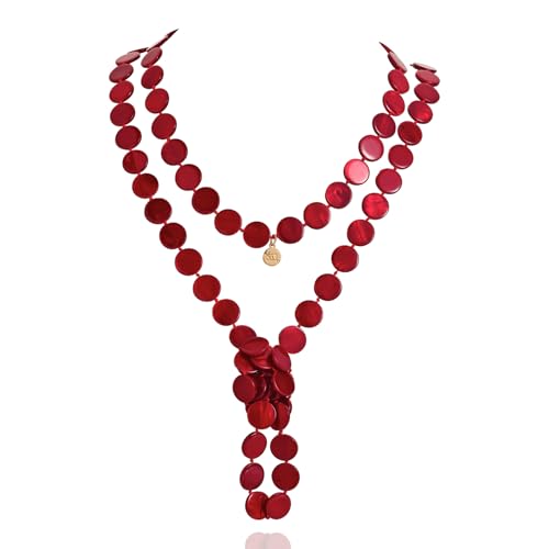 Firstmeet Flat Round Coin Shell Beads Long Knotted Necklace Natural Mother of Pearl Handmade Jewelry For Women - color: Red