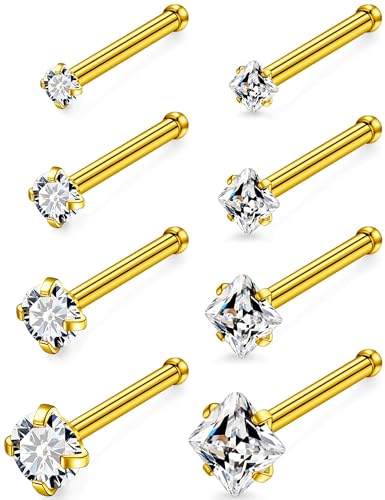 18G 20G 14K Gold Filled Nose Rings Studs Piercing Jewelry For Women Men 316L Surgical Steel Round Square Cubic Zirconia Nose Rings Studs Nostrial Piercing Jewelry CZ 1.5mm 2mm 2.5mm 3mm - color: 14K Gold Plated, size: 20 Gauge-Straight-Round and Square CZ