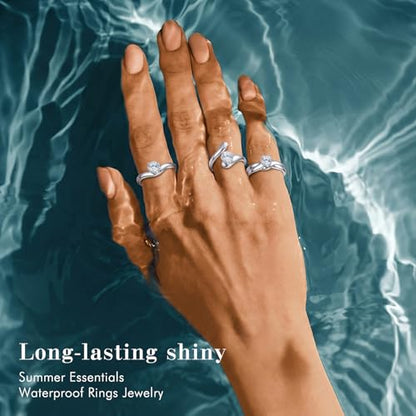 SAVORI Stainless Steel Round CZ Adjustable Ring Set for Women, 3 Styles (Closed Band, Open Bypass, Double Open Band), Hypoallergenic Solitaire Stackable Jewelry Gifts