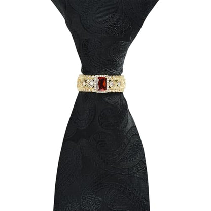 Sparkling Crystal Men's Neck Tie Ring Tie Clasp Necktie Clips Holder Tie Accessories with Box for Wedding Jewelry Gift - style: Gold Clips with OrangeRed Square CZ
