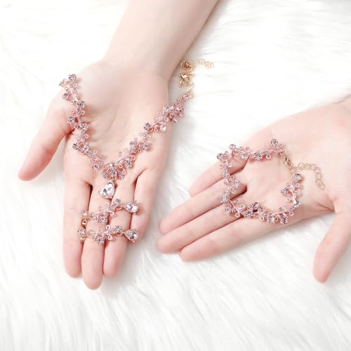 Rhinestone Wedding Jewelry Sets for Bridal Women Crystal Necklace Bracelet Earrings Set Prom Jewelry Set for Brides - color: Pink Gold