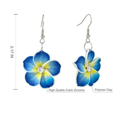 Floral Dangle Earrings for Women Hawaiian Tropical Plumeria Rubra Flower Drop Earrings with Cubic Zirconia Luau Beach Party Vacation Hawaiian Accessories Jewelry Gift - color: Blue