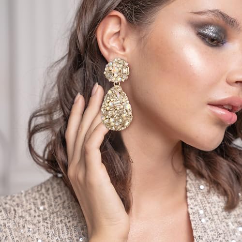 EVER FAITH Glamour Rhinestone Statement Clip-on Earrings, Fashion Chic Art Deco Sparkly Marquise Water Drop Crystal Dangle Earrings for Women - color: Champagne Gold-Tone