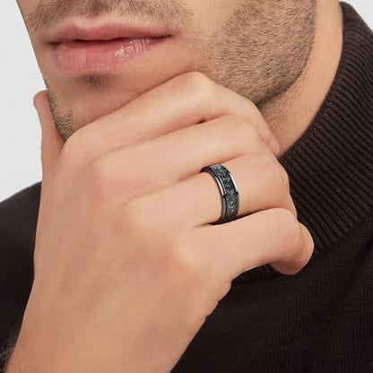 TUNGSTORY 8mm Tungsten Mens Wedding Band, Black Spinner Fidget Rings Meteorite Inlaid, Anxiety Released Spinner Ring for Men Engagement Anniversary Comfort Fit Size 7-12