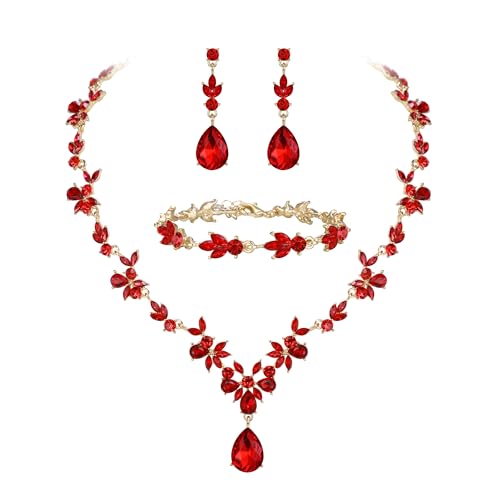 BriLove Wedding Jewelry Set for Women,Gorgeous Crystal Bridal Accessories | Y-Necklace Tennis Bracelet Dangle Earrings Set,Shiny Teardrop Marquise Cluster,Prom Party Jewelry,for Bride Bridesmaid - color: Ruby Color Gold-Plated-Base