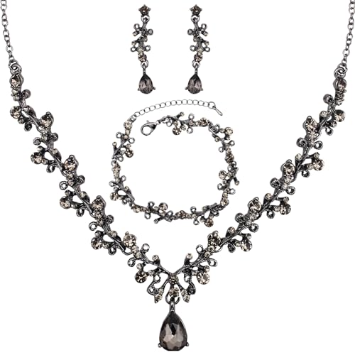 3Pcs Austrian Crystal Jewelry Set for Women, Necklace Dangle Earrings Link Bracelet Jewelry Set with Gold/Platinum/Gun Plated, Wedding Party Jewelry for Bridal Bridesmaid - color: Black Diamond-Jet