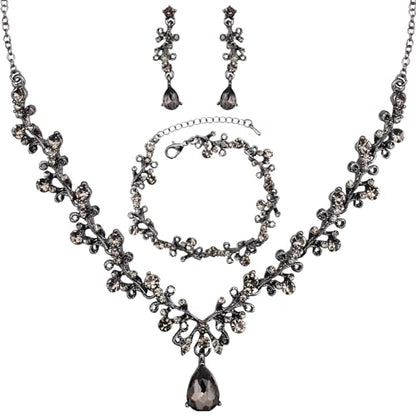 3Pcs Austrian Crystal Jewelry Set for Women, Necklace Dangle Earrings Link Bracelet Jewelry Set with Gold/Platinum/Gun Plated, Wedding Party Jewelry for Bridal Bridesmaid - color: Black Diamond-Jet