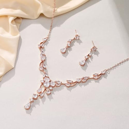 Crysdue Women's Wedding Bridal Jewelry Set for Brides Bridesmaids Cubic Zirconia Flower Leaf Vine Necklace Dangle Earrings for Prom Party - style: 36-rose gold