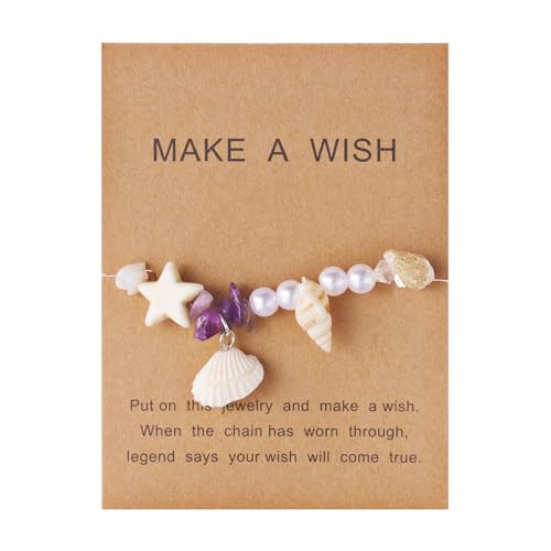 Handmade Natural Shell Starfish Beads Bracelets with a Wish Card Bohemia Sweet Seashell Conch Pearl Charm Bracelets for Women Boho Sea Themed Summer Beach Surfer Vacation Jewelry Gifts - style: StyleF