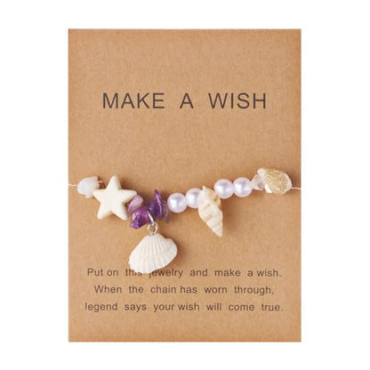 Handmade Natural Shell Starfish Beads Bracelets with a Wish Card Bohemia Sweet Seashell Conch Pearl Charm Bracelets for Women Boho Sea Themed Summer Beach Surfer Vacation Jewelry Gifts - style: StyleF