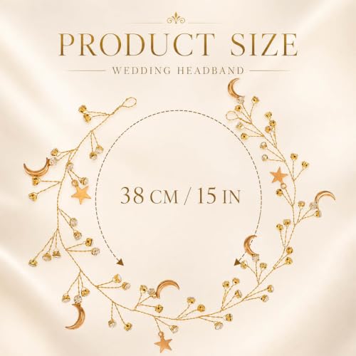 Casdre Star Rhinestone Hair Vine Gold Moon Headpiece Bridal Headband Crystal Bride Wedding Hair Accessories for Women and Girls