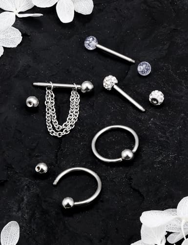 Hoeudjo 14Pcs 14G Surgical Steel Chain Dangle Nipple Rings Barbell Piercing Jewelry Retainer for Women - color: 7 Pairs/14G/Silver-tone