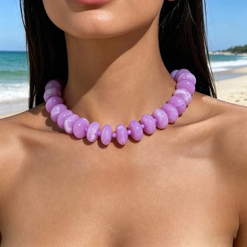 Beaded Necklace for Women Statement Chunky Necklace Boho Bead Choker Acrylic Big Bead Necklaces Summer Beach Jewelry for Women - color: Purple