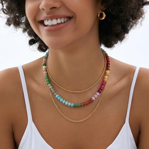 Gemstone Beaded Necklace for Women Colorful Natural Stone Freshwater Pearl Surfer Beach Rainbow Necklace Jewelry Gift - color: Colorful