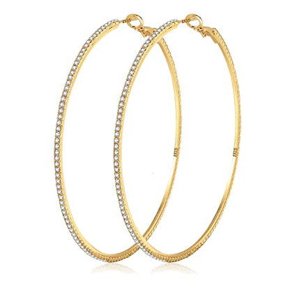 925 Sterling Silver Earrings Large Rhinestone Hoop Earrings Big Cubic Zirconia Hoop Earrings Thin Rhinestones Round Hoop Earrings for Women 20/30/40/50/60/70mm Sparkly Hoops With Crystals for Womens - color: Gold,70mm