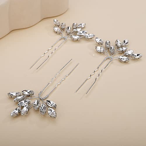Teyglen 3pcs Bridal Crystal Hair Pins Rhinestones Hair Pieces Simple Crystal Wedding Hair Accessories Handmade Hair Pins for Women Bride Girls (Silver) - color: Silver