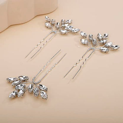 Teyglen 3pcs Bridal Crystal Hair Pins Rhinestones Hair Pieces Simple Crystal Wedding Hair Accessories Handmade Hair Pins for Women Bride Girls (Silver) - color: Silver