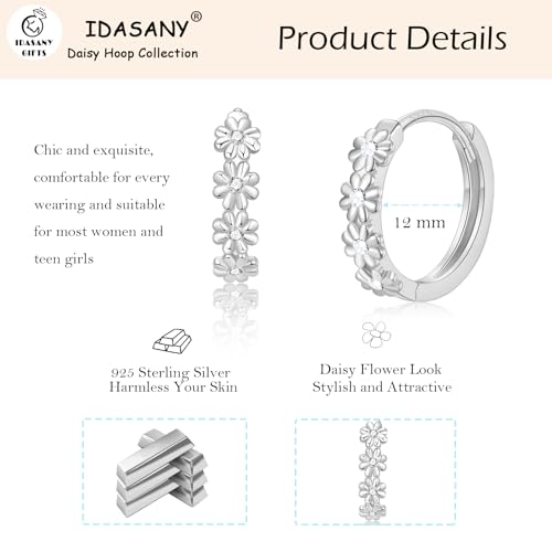 Sterling Silver Hoop Earrings for Women, Dainty Small Huggie Hoop Earrings | Hypoallergenic Daisy Color Cubic Zirconia Flower Hoops Earring Jewellery Gifts for Ladies Birthday Wedding, 12mm Hoop - color: Clear