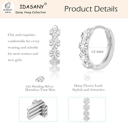 Sterling Silver Hoop Earrings for Women, Dainty Small Huggie Hoop Earrings | Hypoallergenic Daisy Color Cubic Zirconia Flower Hoops Earring Jewellery Gifts for Ladies Birthday Wedding, 12mm Hoop - color: Clear