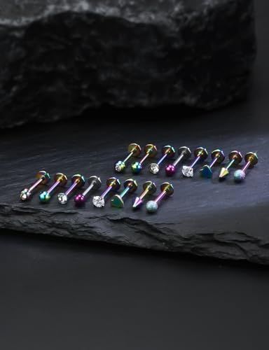 16G Flat Back Earrings Nose Studs 316L Surgical Steel Medusa Labret Monroe Lip Ring Tragus Forward Helix Conch Cartilage Lobe Earrings Stud Piercing Jewelry For Women Men 8MM Bar Length - color: Rainbow