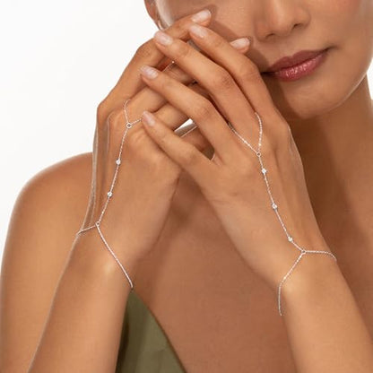 Waterproof 14K Gold Plated Hand Chain for Women Trendy, Non Tarnish Dainty Cubic Zirconia Finger Ring Bracelet, Summer Beach Hand Jewelry Minimalist Adjustable Simple Cute Gold Ring Chain Bracelets Fashion Gifts - color: Silver
