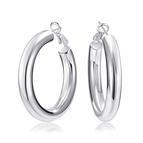 SHOWNII Chunky Gold Hoop Earrings - 14K Gold Plated Earrings for Women Hollow Tube Lightweight Thick Hoops 20/25/30/40mm Valentines Graduation Mother's Day Birthday Gifts - color: 40 Millimeters-White Gold Plated