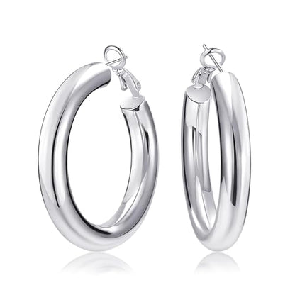 SHOWNII Chunky Gold Hoop Earrings - 14K Gold Plated Earrings for Women Hollow Tube Lightweight Thick Hoops 20/25/30/40mm Valentines Graduation Mother's Day Birthday Gifts - color: 40 Millimeters-White Gold Plated
